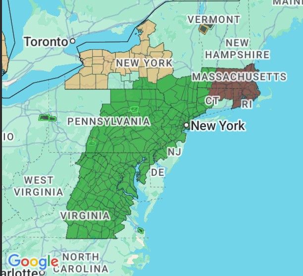 Weathermap of Northeast and Mid-Atlantic US indicating areas under a  Flood Watch shown in green. 