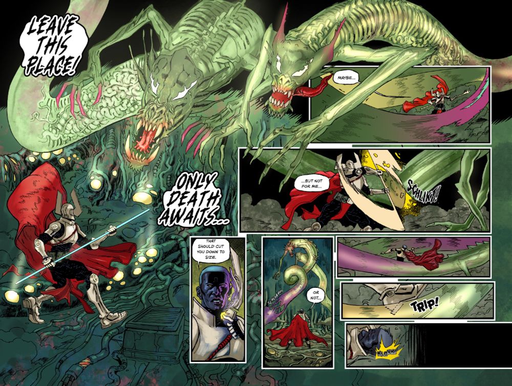 Full colour double page spread of Terran Omega, featuring our hero - a woman in body armour and a helmet, facing off against two large ghostly dragons!