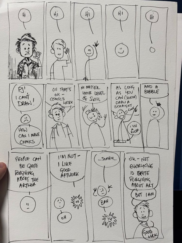 A 14 panel comic, a top tier of five panels shows a drawing of me, and in each of the subsequent panels the drawing of me gets simpler and simpler, with a cartoony drawing, a crude cartoon, then a stick man, then a smily face then a simple blob. Each time I'm saying 