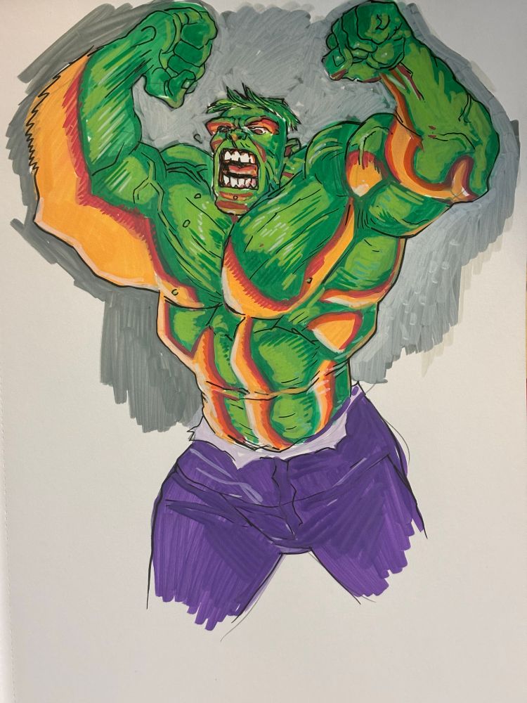Incredible Hulk colour sketch. He’s raising his arms and cast in a yellow orange light from below. 
