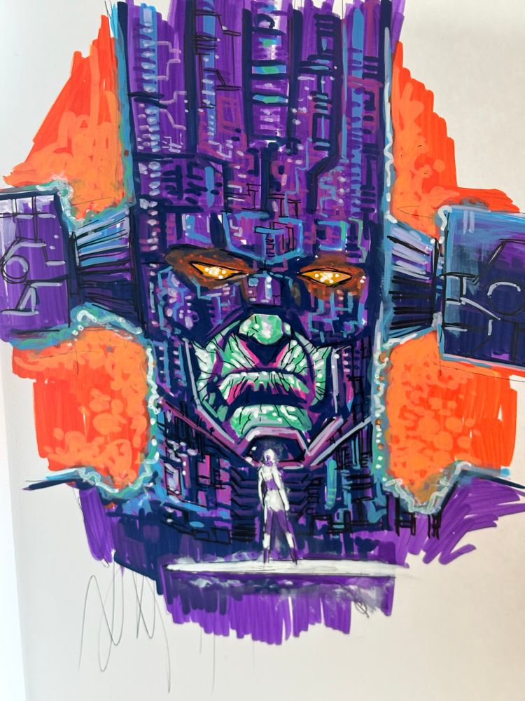Colour head sketch of galactus with a floating silver surfer. 