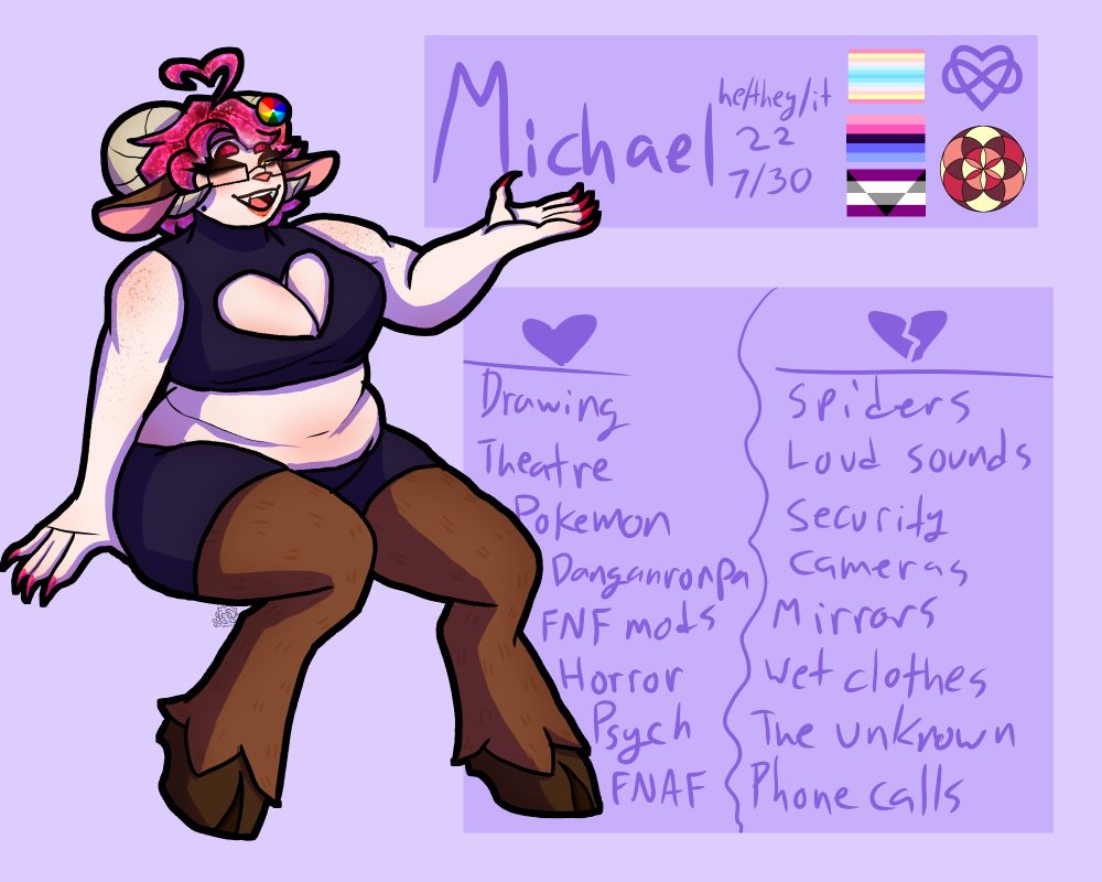 A Meet the Artist drawing. On the left side of the canvas is Qibs, the artist's persona. Qibs is a fat pale faun. He has bright magenta hair and yellow eyes. He has goat ears and legs instead of human ones, both covered in brown fur. His hooves are a much darker brown. He has curved tan horns. His outfit consists of a dark purple crop top and matching short shorts. The top has a large heart cutout over his chest, exposing a large portion of his breasts. His nails, now claws, are painted bright pink. He's wearing black wireframe glasses and a color wheel hairpin on his left side. He's smiling, revealing large canines. He appears to be sitting on something, although the object isn't visible. Next to him is information about the artist. A top panel reads 