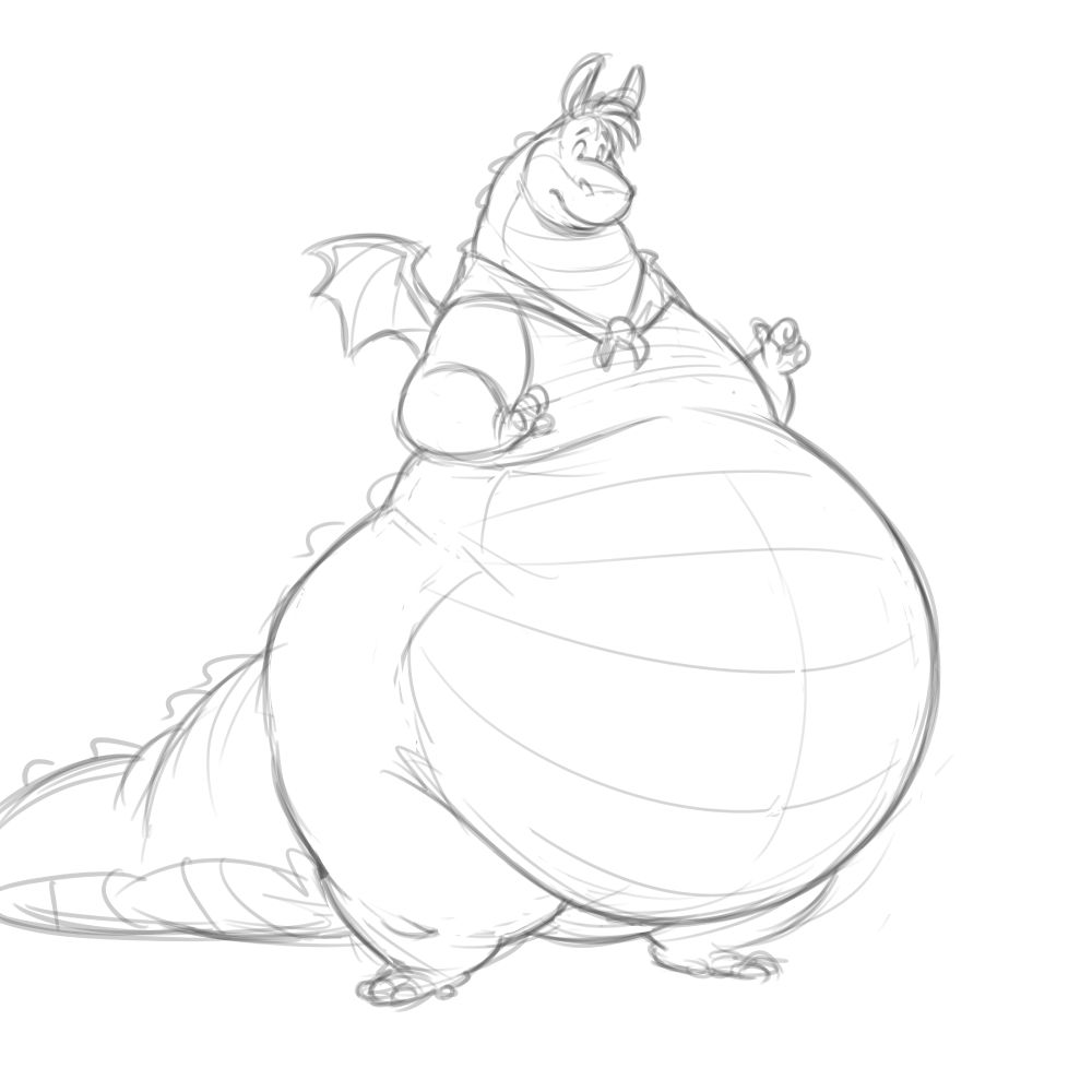 Herbert the dragon appearing very rotund, and he seems to have take note of his very large tummy.