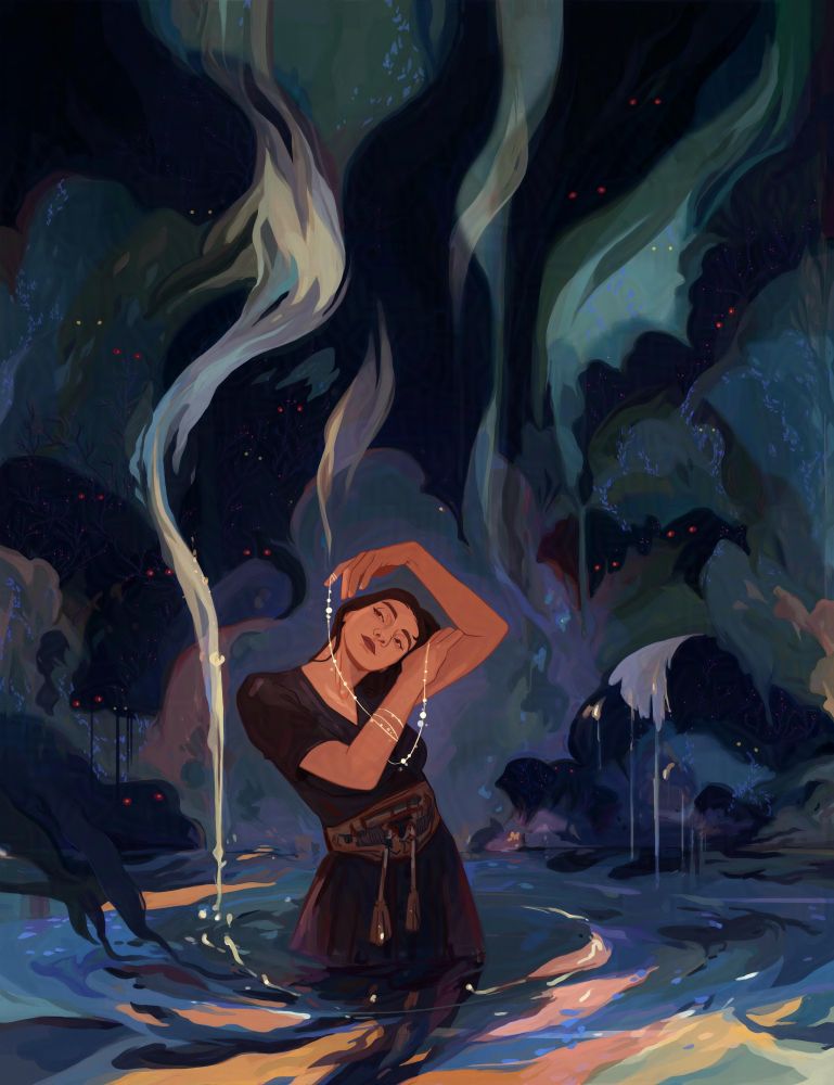 Peinture numérique, une femme à moitié dans l'eau se passe un collier autour du coup alors que des yeux rouges l'observent depuis les buissons
