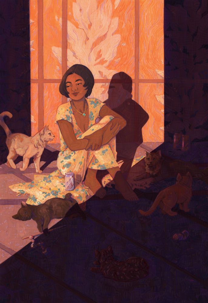 Gouache d'une femme assise entourée de ses 5 chats