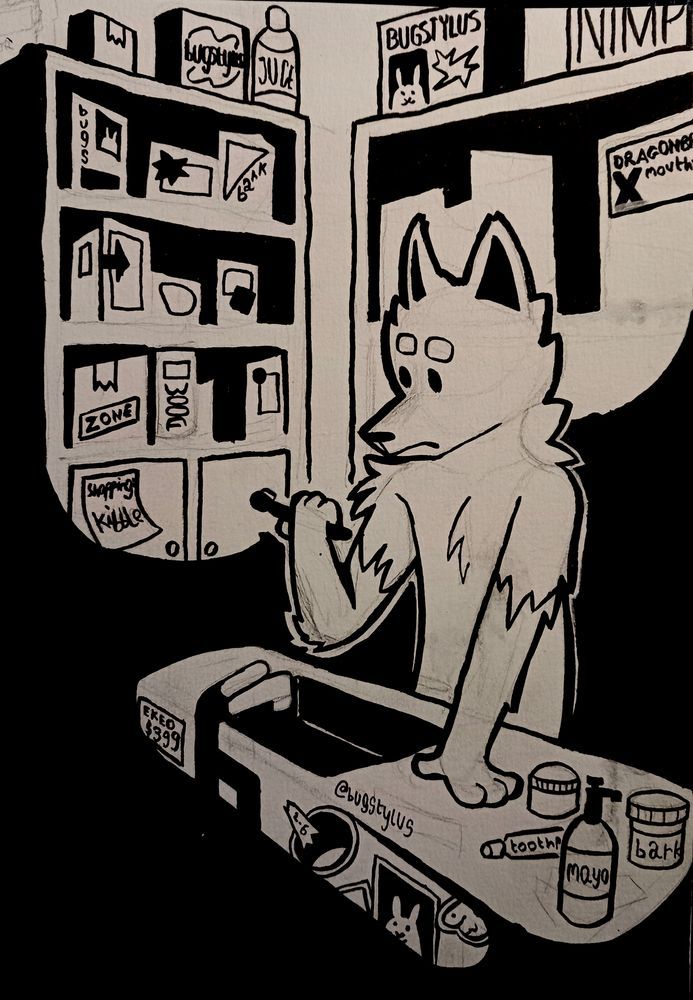 Drawing of an anthro canine standing at the bathroom sink with a toothbrush in its hand surrounded by all sorts of hygiene products on the counter and shelves.