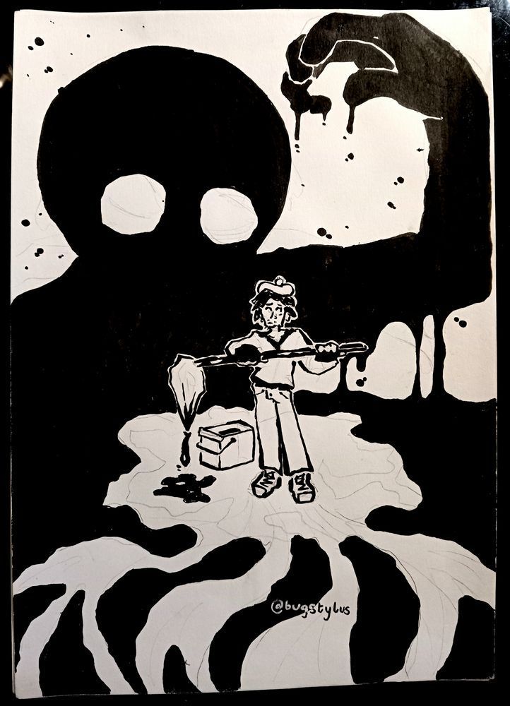 Drawing of a janitor holding a mop surrounded by black goo with a giant humanoid goo monster behind him.
