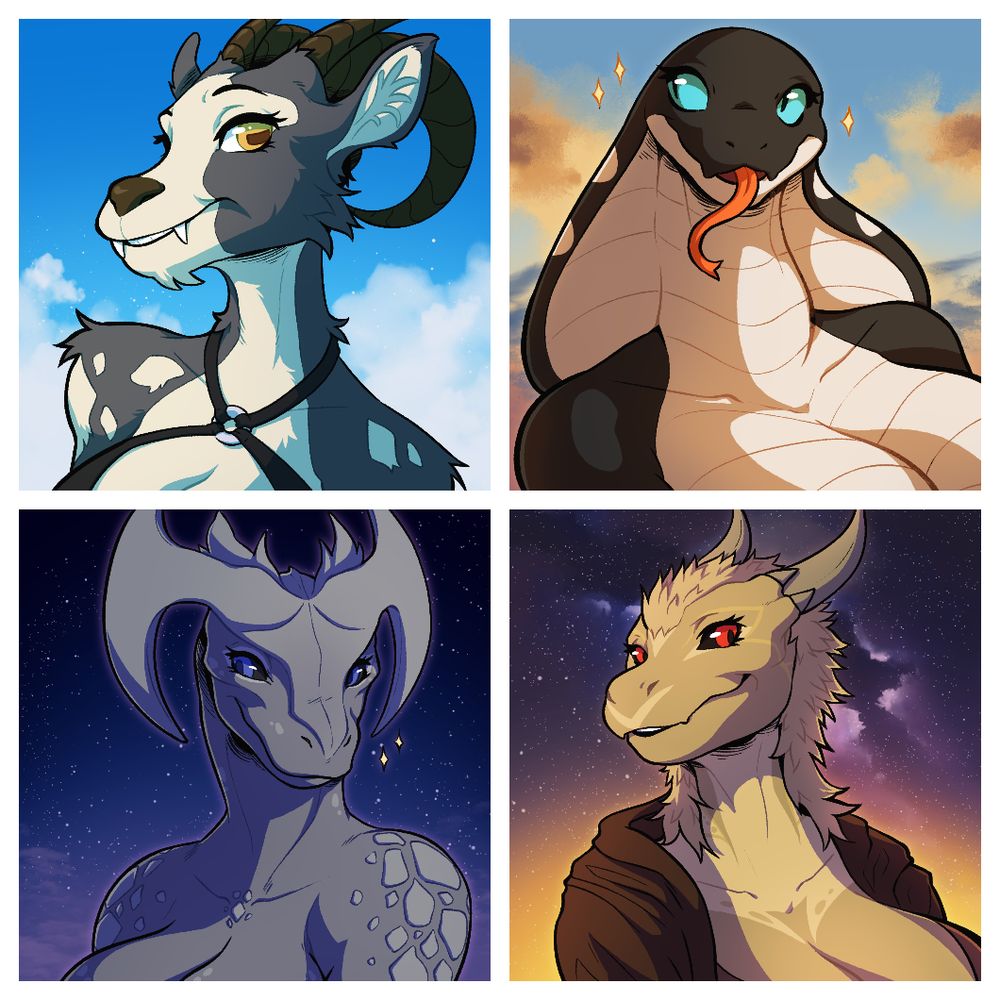 Set of 4 furry avatars, a goat, a snake, and two dragonborns.