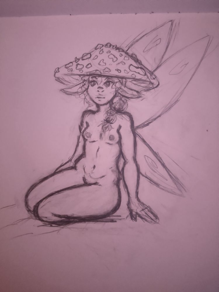 (this is just a sketch)
A somewhat petite fairy with an amanita mushroom cap hat sits, one hand on the ground, the other behind their thighs, feet tucked out of sight. Their hair is loosely curly and braided messily over their shoulder. Her expression is vaguely content, but vacant, gazing off into the distance.. 