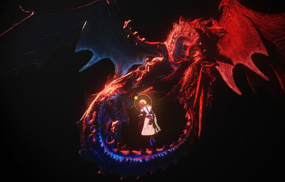 In the image, Nidhogg dominates the frame. His wingspan stretches across both ways and his body moves in serpentine around Ajax in the center, his tail coiling around as if closing in more. The dragon is bathed in a dominating red while the bottom half of him is steadily fading to blue. Ajax floats in the center, upper body bent back. A halo in the symbol of Azem adorns his head, bathing him in golden light.