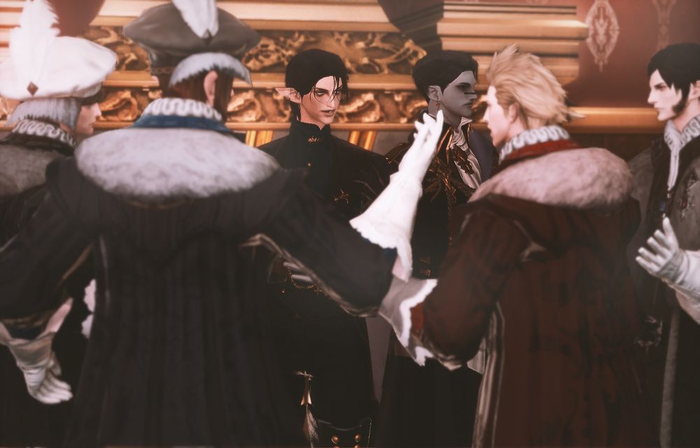 Gene and Verse are at a social gathering, surrounded by nobles by the fire. There is gawking at Verse, questions upon questions, side eyes galore. There is a fuss over a former Bozjan soldier standing about so freely amongst the highborn. Gene is speaking over the clamor, reassuring them.