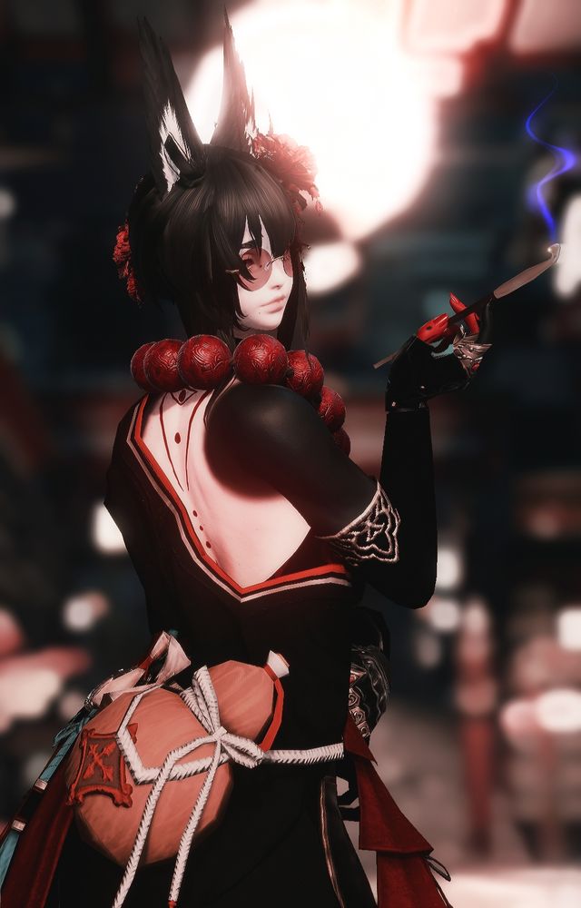 Fuse, a black haired fox spirit, stands in the middle of Kugane-dori, lit by the street lamps and looking over his shoulder at the viewer with a mysterious smile, kiseru lifted as blueish purple smoke rises from it's well.