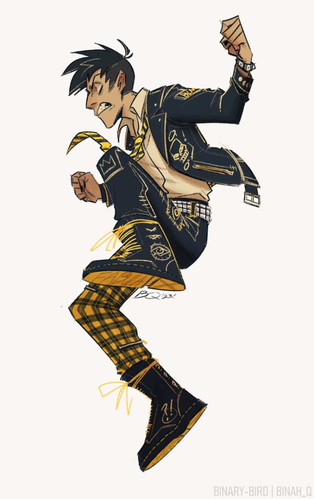 A rough colored sketch of David, a kid with a spiky undercut and an intense scowl, jumping midair. He's dressed in a painted leather jacket with a white collared shirt underneath, and his yellow and black striped tie resembles barrier tape. His pants are half yellow plaid and half black fabric with patches on. His dark boots have yellow laces, and have "fabula" and "syuzhet" painted under the soles.