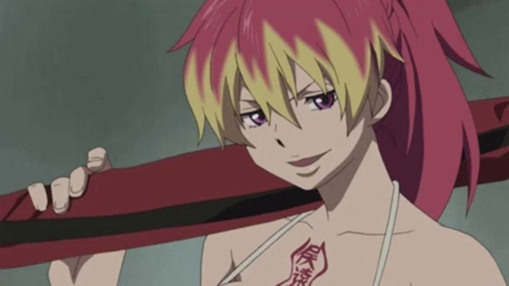 a girl with red hair and a tattoo on her chest is holding a sword