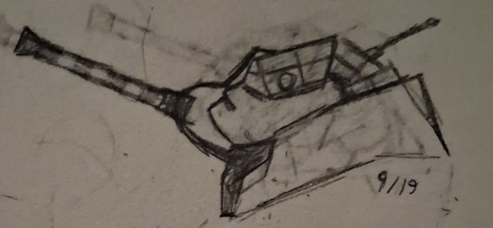 Second draft of my weird airplane lizard mecha creature in the form of a side profile of the head and shoulder area. Based incredibly loosely on a Junkers JU-87 in tank buster configuration (as depicted with the shoukder-mounted gun pod)