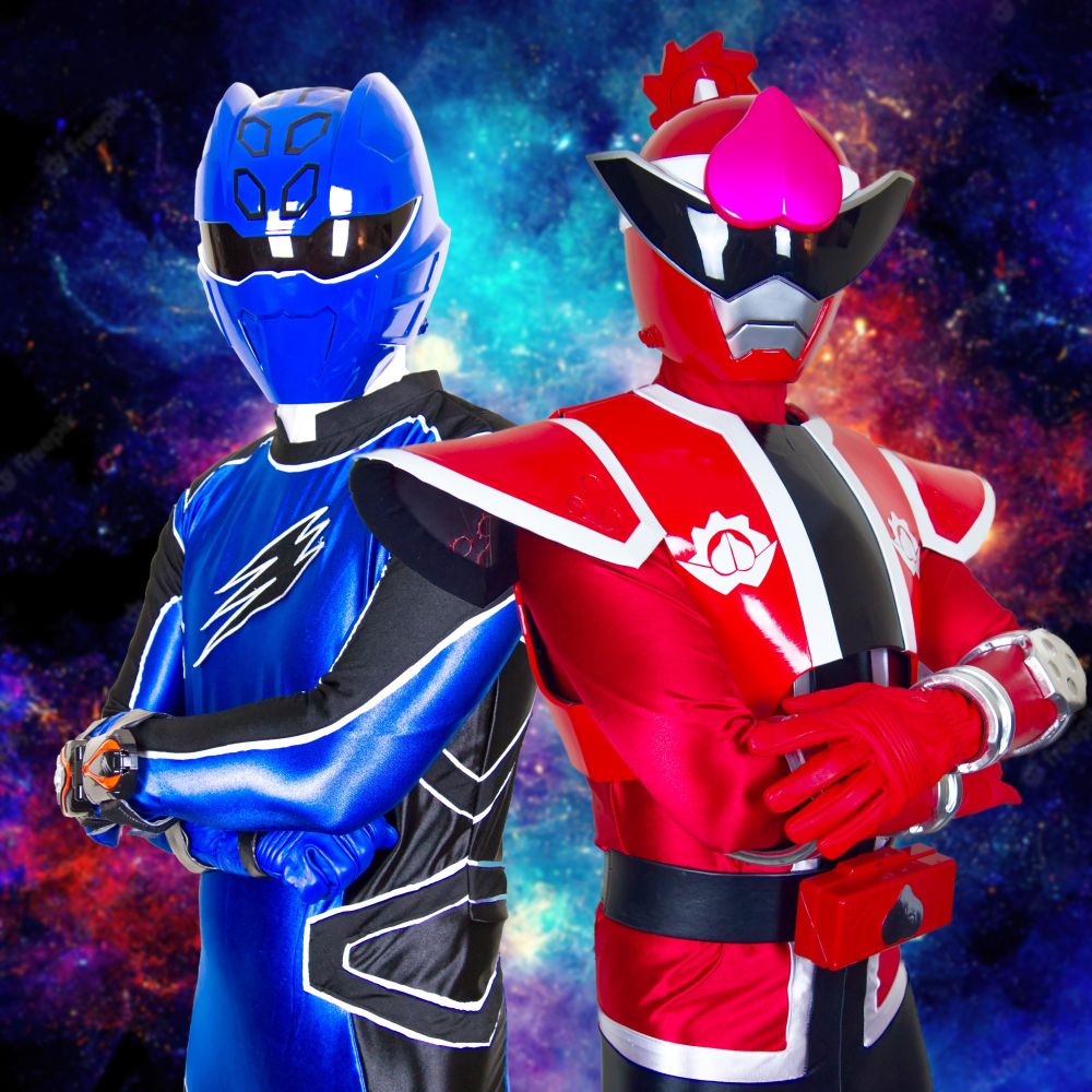 Jungle Fury blue and DonMomotaro side by side, arms crossed.