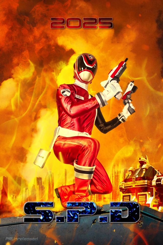 The SPD Red Ranger half knelt surrounded by fire, flames and embers. The city and Delta Base can be seen in the background in flames.
