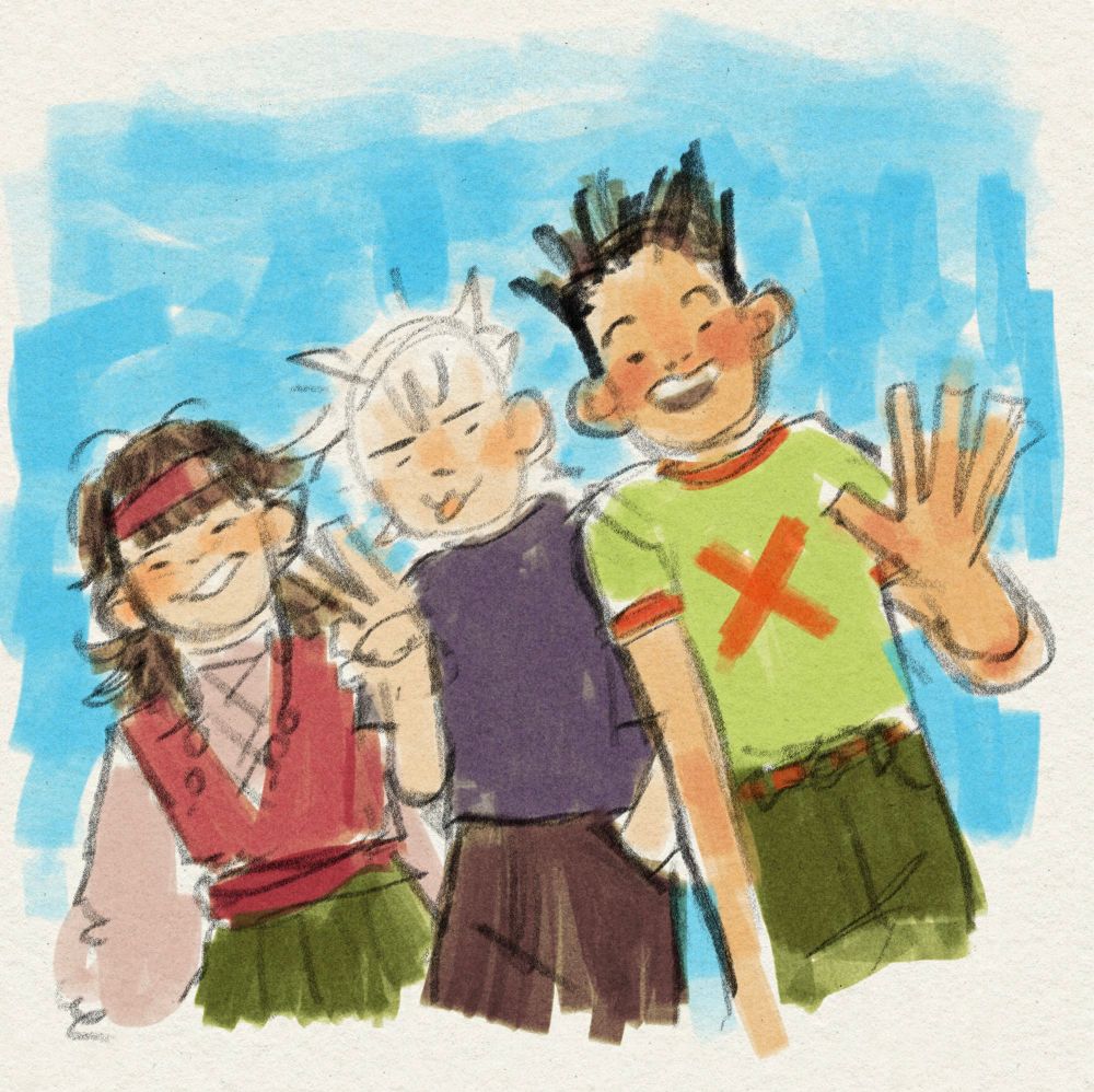 A scribbly drawing of alluka, killua, and gon looking happy and smiling/posing as if for a camera