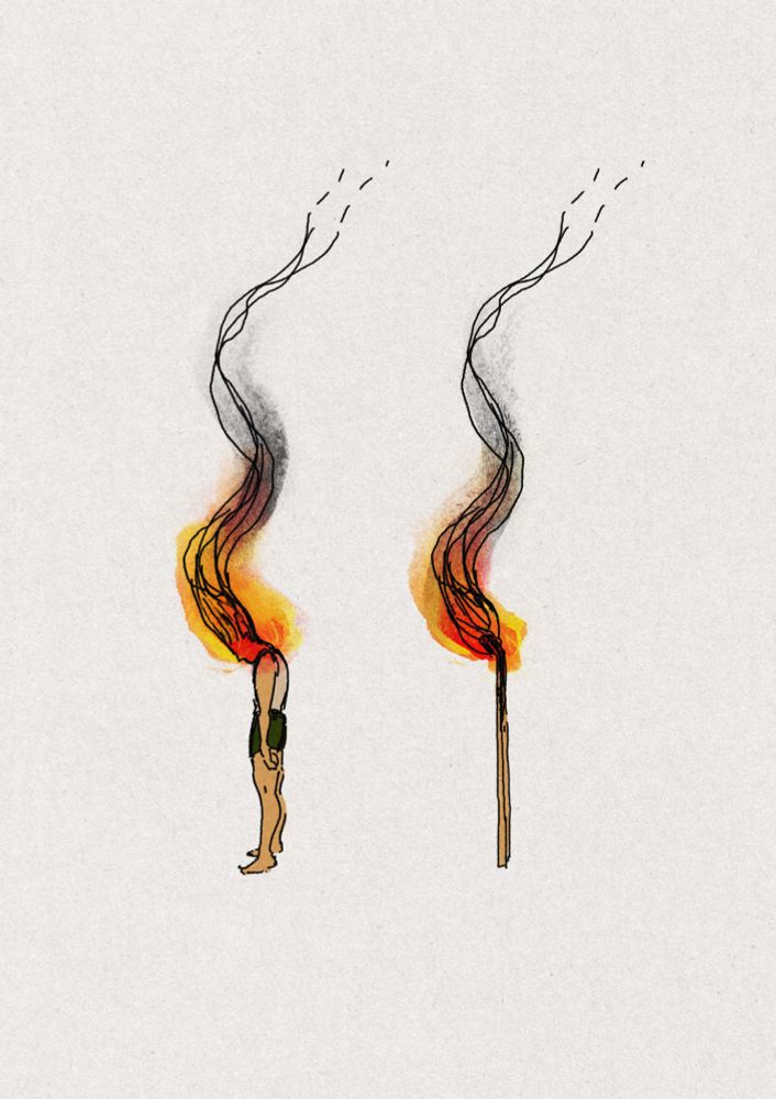 a small sketchy drawing of Gon (tall, with his long hair) next to a small drawing of a lit match, smoke trailing off drawn in the same style as Gon's hair. Both are burning.