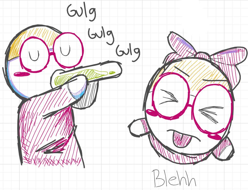 Muko drinking from the test tube and the other one is him saying, "blehh" 