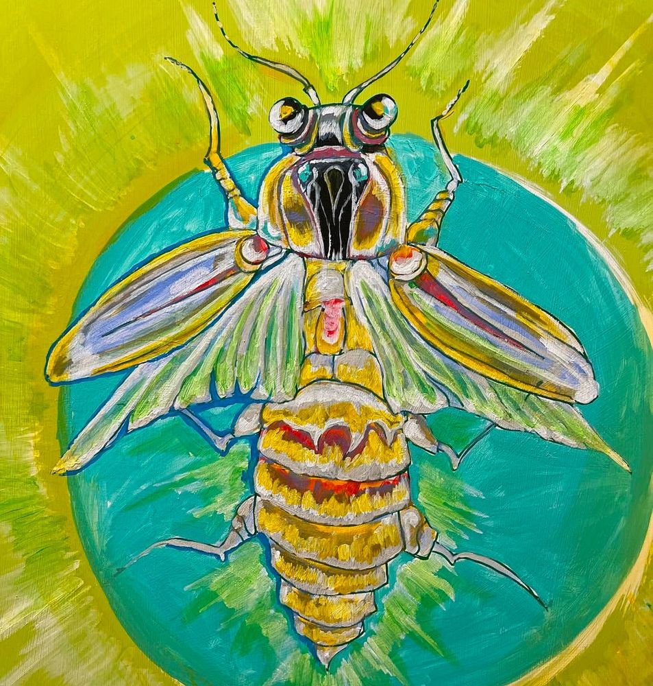 Lightning bug painting. Vibrant. Greens and yellows and blues. 