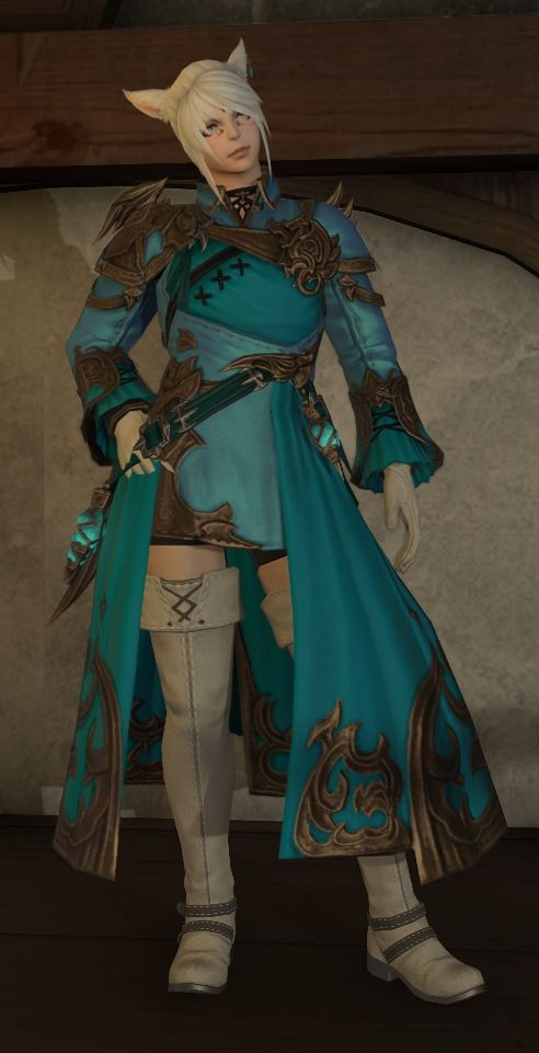 The same Miqo'te character as before, now slightly older. The tattoos on his cheeks are black, his hair is in a messy ponytail, and he is wearing white thigh-high boots and a bright turquoise and metallic sky blue coat. This is a FFXIV Screenshot using gpose