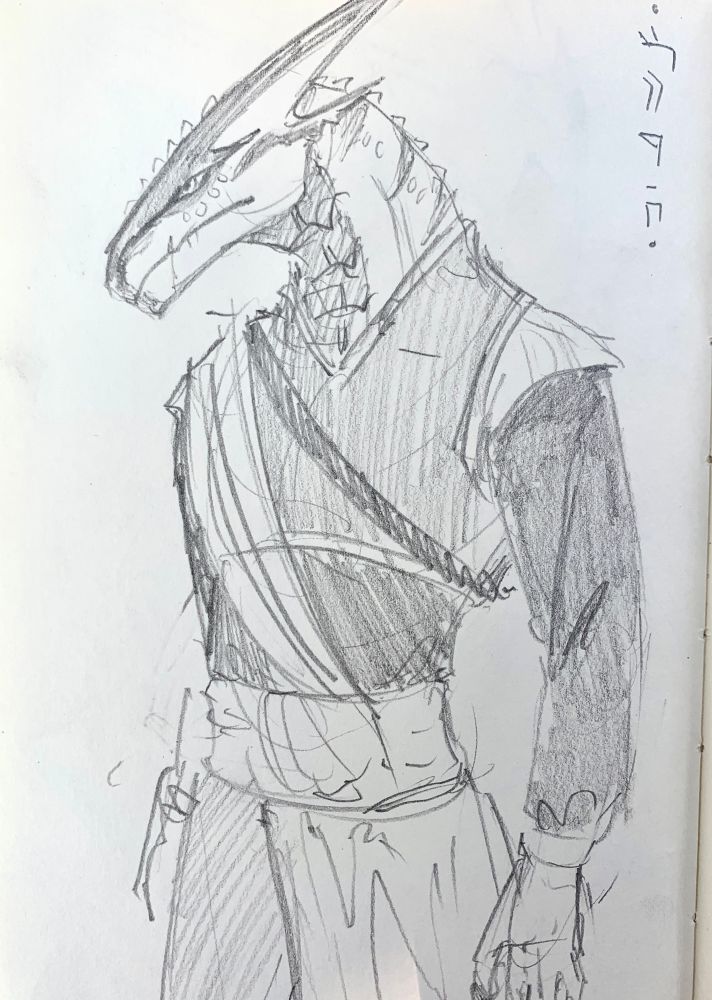 A Sketch of a serpent-like dragonborn man in pencil. He has a sash over one shoulder and the style of his clothing seems to be upper-class fantasy. 