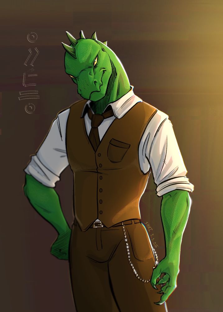 A green crocodile-like lizardfolk glares sternly at the camera with yellow eyes. He has one hand on his hip, the other loose beside him. He is wearing a tan brown buttondown vest over a white business shirt, the sleeves rolled up to his elbows. He has a dark brown tie tucked neatly into the vest and matching dress pants. A gold pocket watch chain hanging from his belt gleams in the light. 