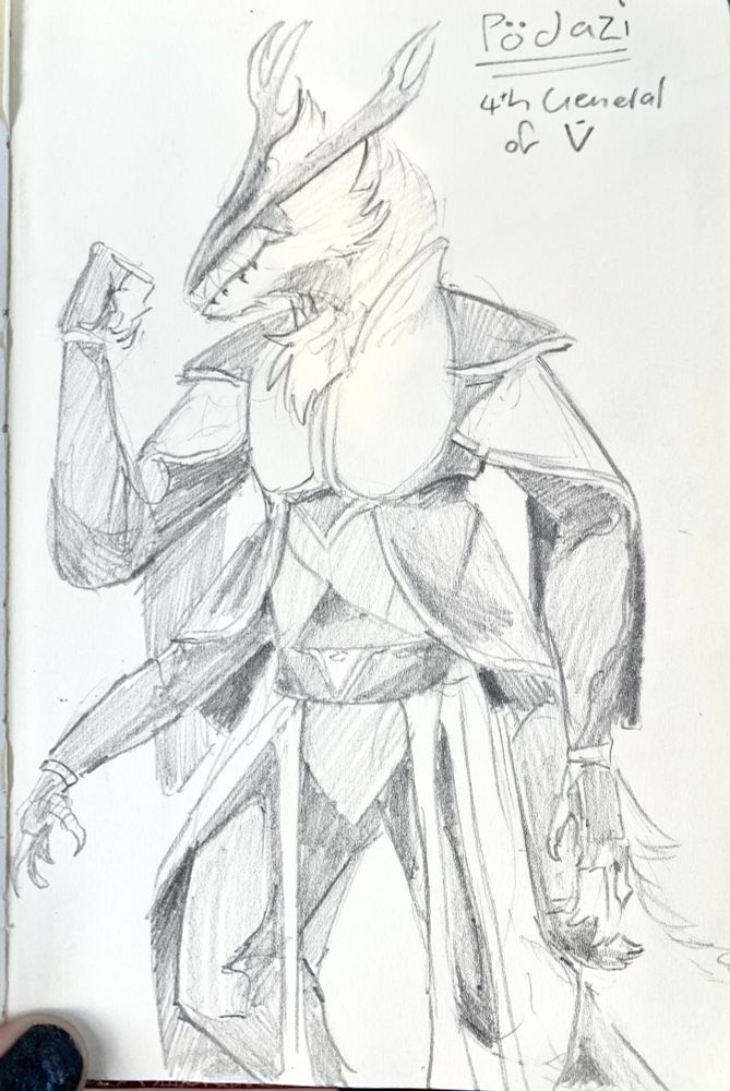 A four-armed alien stands in a proud pose. Their clothing is layered and has several layers with a scifi aesthetic. Their mane of fur fluffs out from their shirt collar and a pair of antler-like horns extend from their head. Writing in the top right describes them as “Pödzai, 4th general of Eiur”