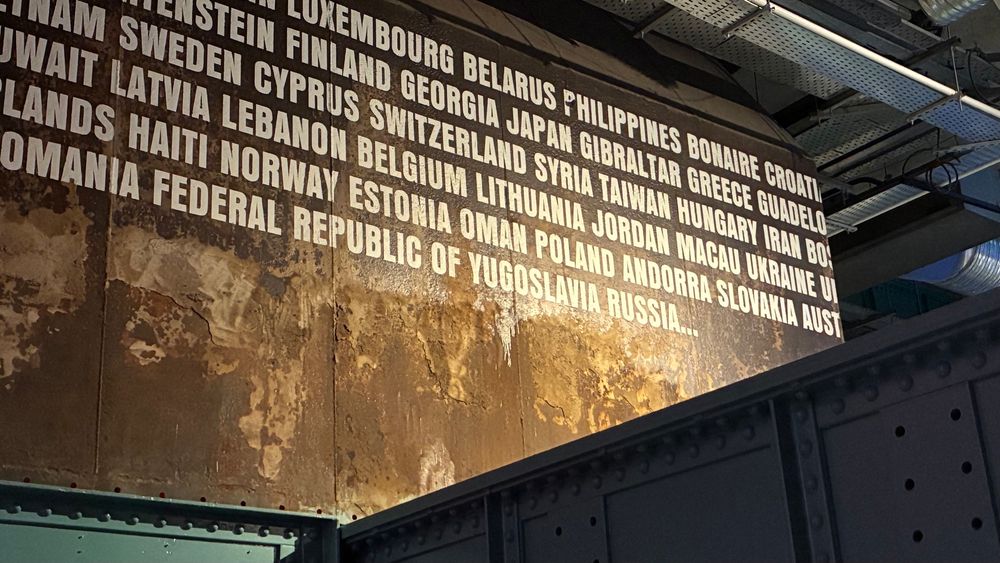 An old wall with names of countries and territories in thick white text, naming both the Federal Republic of Yugoslavia, Croatia, and Russia