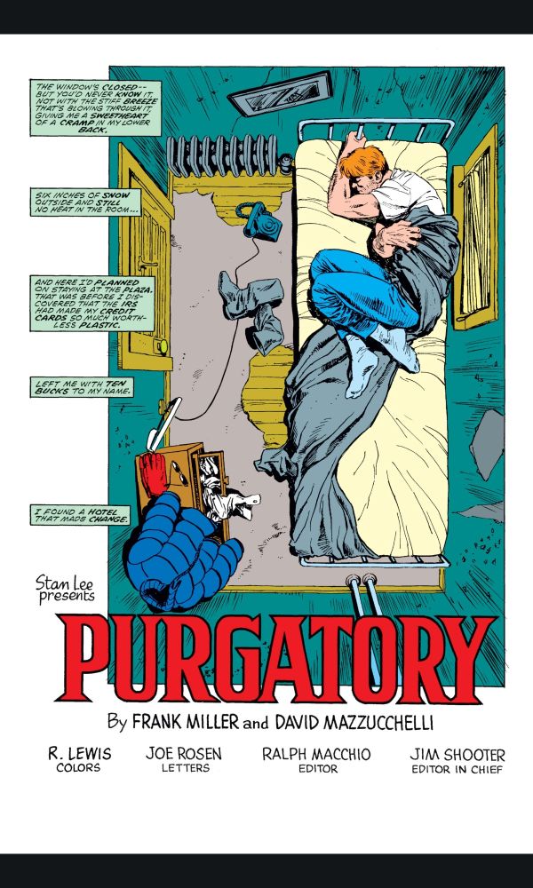 The next title page from the Daredevil Born Again arc. the camera looks down on Matt Murdock curled up on a small bed in an equally small room. in bold red text the title PURGATORY frames the bottom of the image