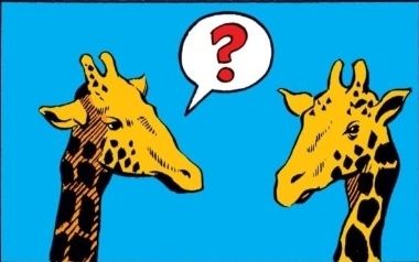 a comic book panel. over a rich blue background are two giraffe heads, and a portion of their necks. one of them has a speech bubble with a single, large question mark in it.