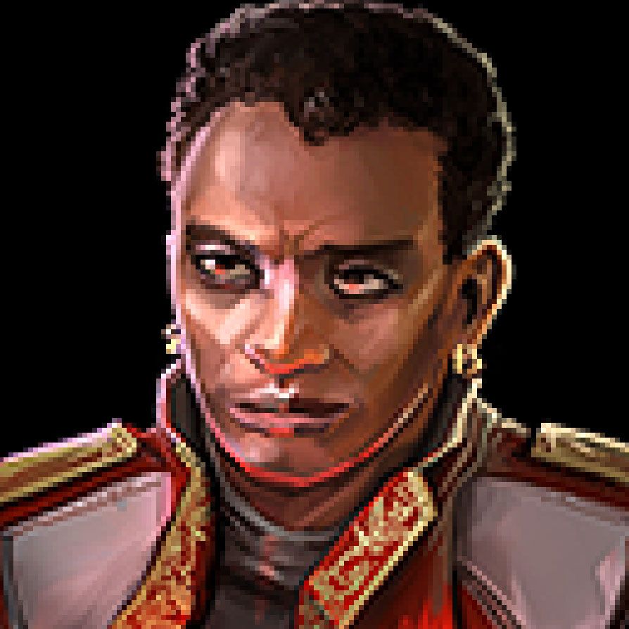 A scowly space pirate-looking man with a mean look, smirking. Curly hair, brown skin, gold earrings, guyliner, and fancy-lad coat.

(I'm very sorry, I can't get the words "bisexual disaster" out of my head for some reason.)