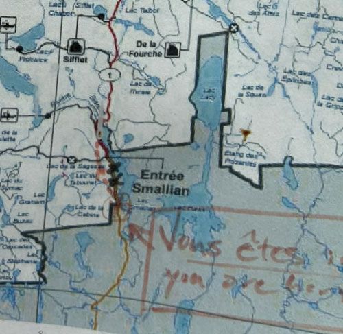 The same map as before, but someone drew a red dotted line for this new, terrible access trail going around a section of the main route marked with black X's that has been turned into a private road.