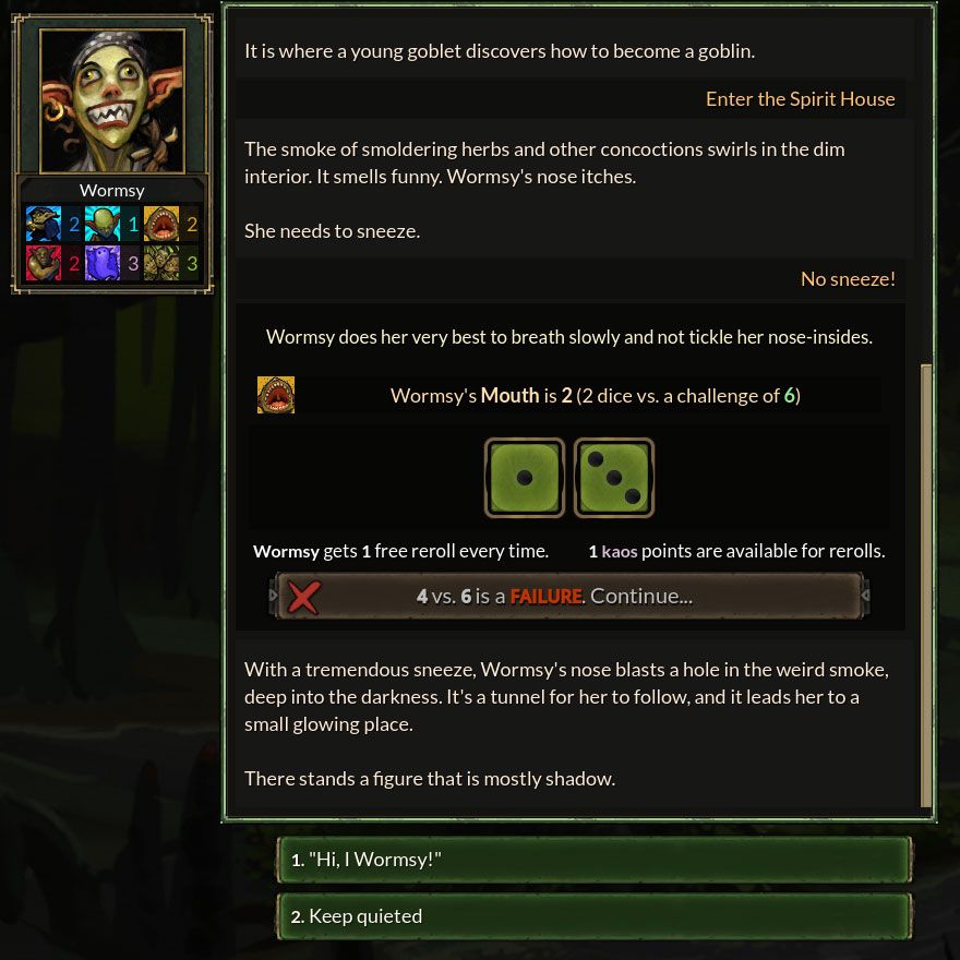 A screenshot of the game in dialog mode.

Wormsy enters the Spirit House, which is full of smoke, then fails to suppress a sneeze. Then is about to meet a spooky figure.