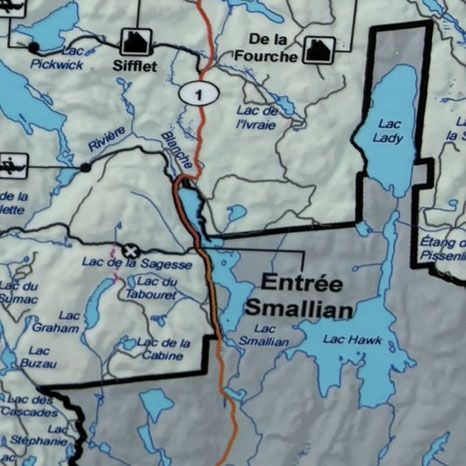 A map showing the entrance to Route 1 in the reserve faunique at Entree Smallian.