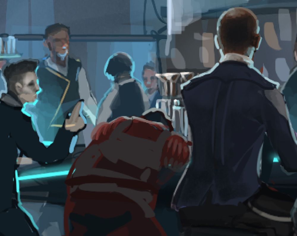 An unfinished digital painting of a scifi bar scene with lots of glowing cyan underlighting. Servers collect drinks in the background, and from left to right we have: a pale androgynous figure ordering something, next someone in a brick-red flight suit slumped forward over the bar, and finally the back of a bald, dark-skinned man in a tailored suit, sitting straight upright.

There are way too many edge-highlights on everything because this is Starsector.