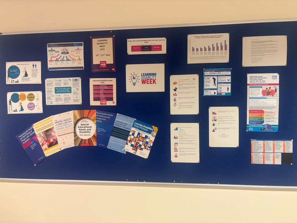 A blue display board with a number of graphs, book covers and infographics on 