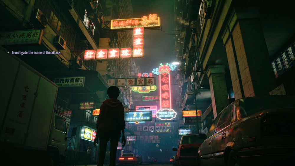 Image of character JULEE standing on a neon lit street in the game SLITTERHEAD.