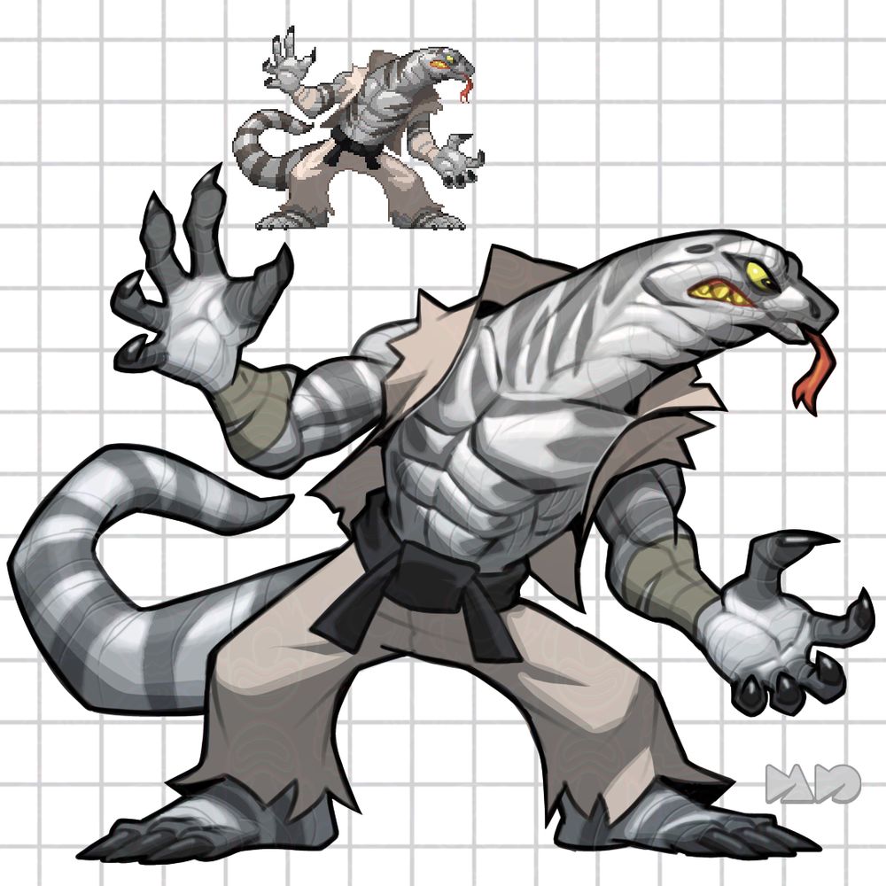 Walther is an Argentine black and white tegu who is pictured here wearing parts of a ghi and a black belt.  His tongue is dangling out and he's in a fighting stance, ready to grab an opponent (who is probably off to the right).  