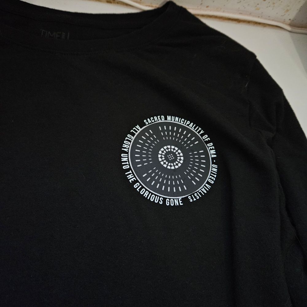 Black shirt with Neon Gravestones & SACRED MUNICIPALITY OF DEMA - UNITED VIALISTS / ALL GLORY UNTO THE GLORIOUS GONE