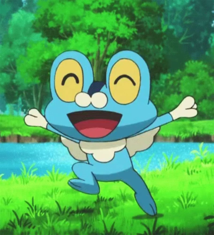 a cartoon frog is jumping in the air with its arms outstretched in a field .