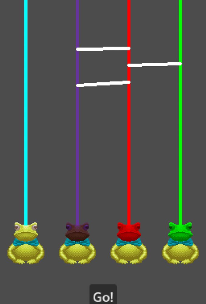 Vertical screenshot. 4 evenly spaced coloured lines, at the bottom sit 4 evenly spaced frogs with corresponding head colours. Towards the top are some drawn lines connecting the 4 evenly spaced lines, implying that the frog heads travelled down these drawn lines. At the very bottom of the screen is a button that says "Go!" The idea is a "match the head to the body" game where you draw lines to ensure the head ends up in the right place.