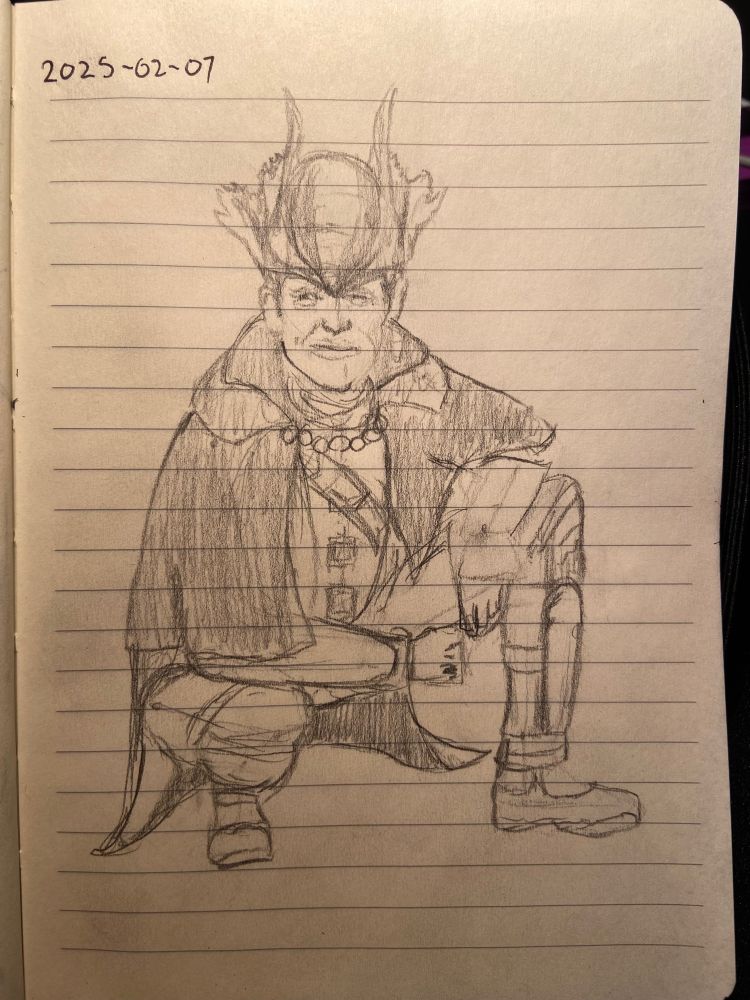 Pencil illustration of William Dafoe squatting, as in his iconic Willam Dafoe drip photo, except he is wearing the Bloodborne hunter’s outfit.
