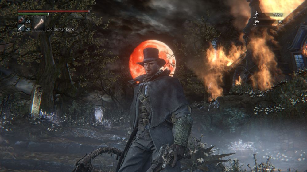 Screenshot from Bloodborne. A player that looks like Walton Goggins in the Hunter's Dream in front of a burning building and a glowing red moon.