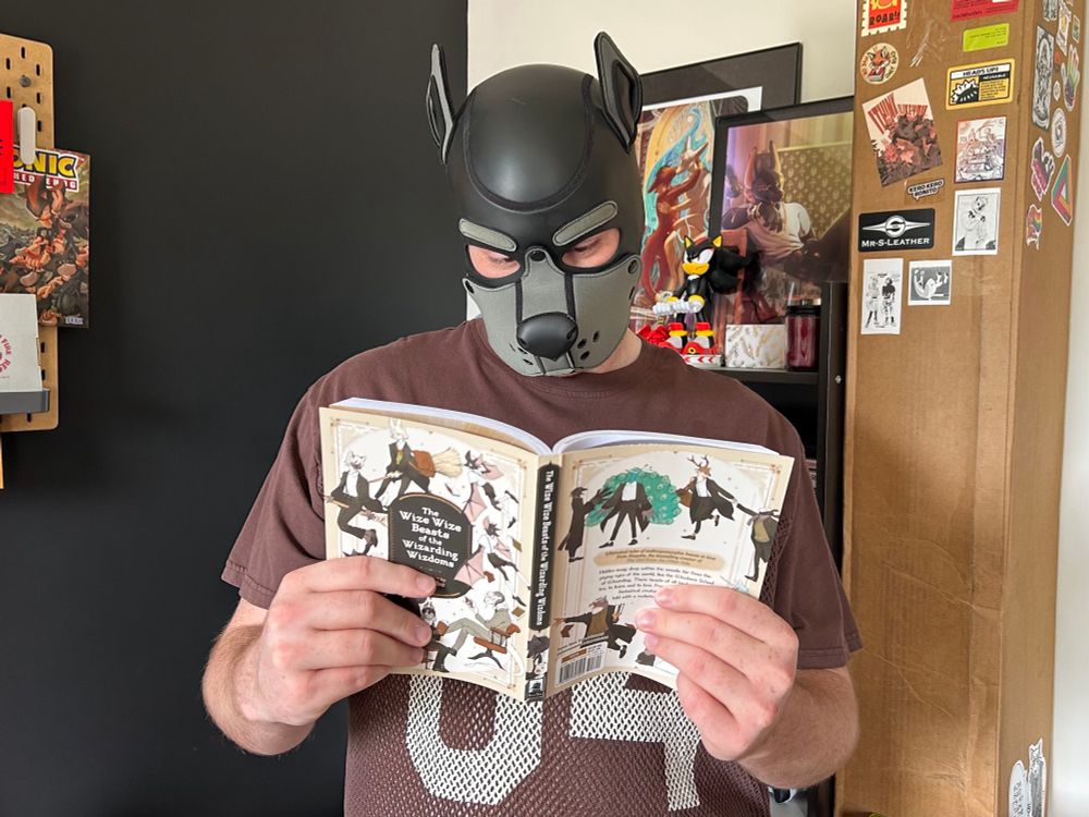 a man in a dog mask reading a book