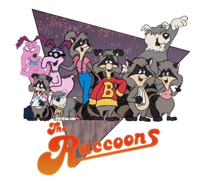 Promotional photo for the Canadian cartoon The Racoons. It features five cartoon racoons, their sheepdog, and Cyril Sneer and his nephew who are pink aardvarks. 