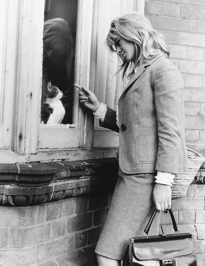 Julie Christie is wearing a wool suit and carrying a large boxy handbag. The cat is sitting up, paying attention, behind a window in a old and rather beat-up building and Julie is playing with it, extending a finger to say hi. 