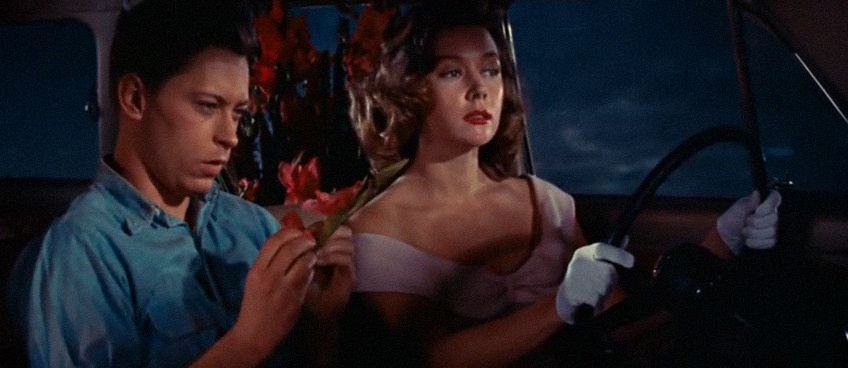 John Kerr as patient Steven and Gloria Grahame as doctor's wife Karen go for a drive in a favorite scene from THE COBWEB. Gloria is dressed up in a lavender-pink cocktail dress and has her white-gloved hands on the steering wheel. She's wearing the fabulous red lipstick she uses through much of the movie. Kerr is wearing a teal-blue shirt and closely examining a fall leaf. (Technicolor at its most fab)