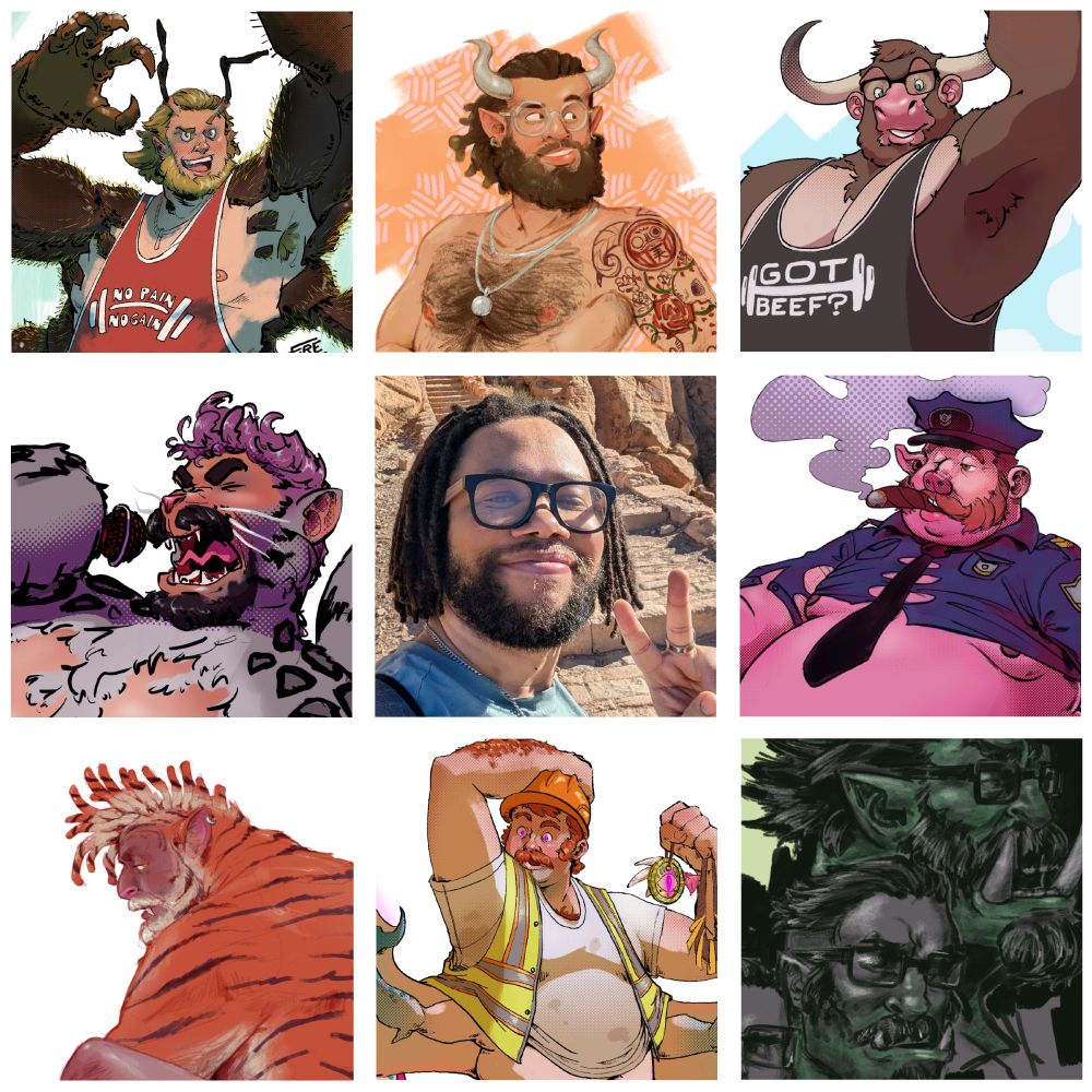 Art vs Artist 2024 grid:
1. HimBee
2. FyreFaun Pin-Up
3. Bullrilla
4. Bengal Banger (@wrwlfwrnglr)
5. Selfie of me
6. Greedy Po-Porker
7. Tiger Boxing
8. Dragon at the dig site part 1
9. The Beast of Men - Faux Film
